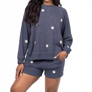 NEW THE GREAT. slouch sweatshirt with daisy embroidery in vintage blue